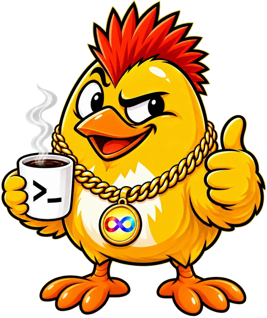 CHICP, a yellow chicken with a red mohawk, gold chain and a terminal coffee mug